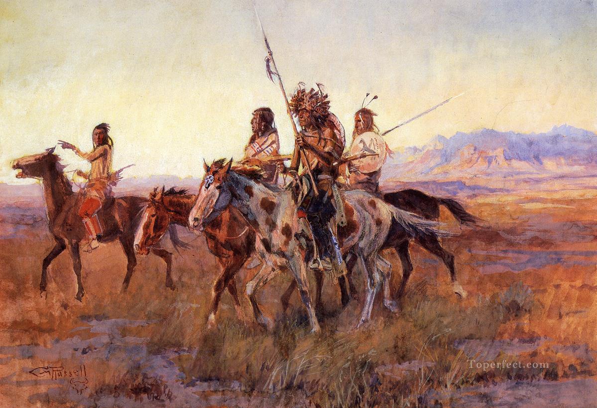 Cuatro indios montados Charles Marion Russell circa 1914 Indios Charles Marion Russell Indiana Pintura al óleo